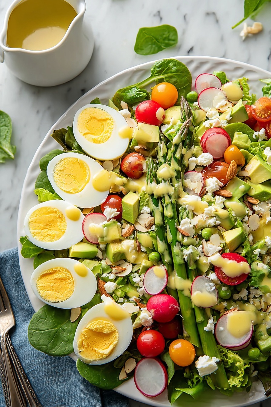 A plate of a salad with asparagus, eggs, and cheese.