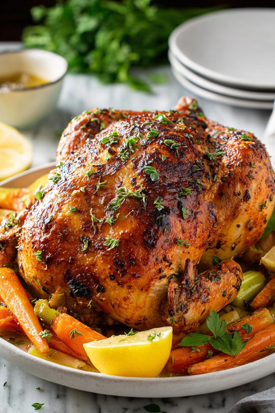 A roasted chicken with herb butter.