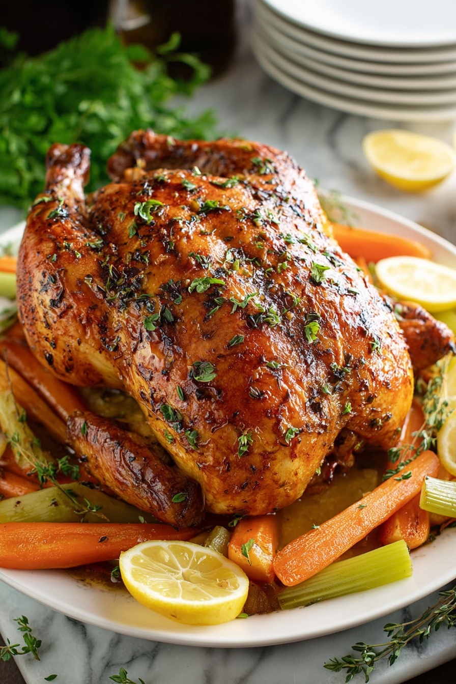 A roasted chicken with herb butter and carrots.