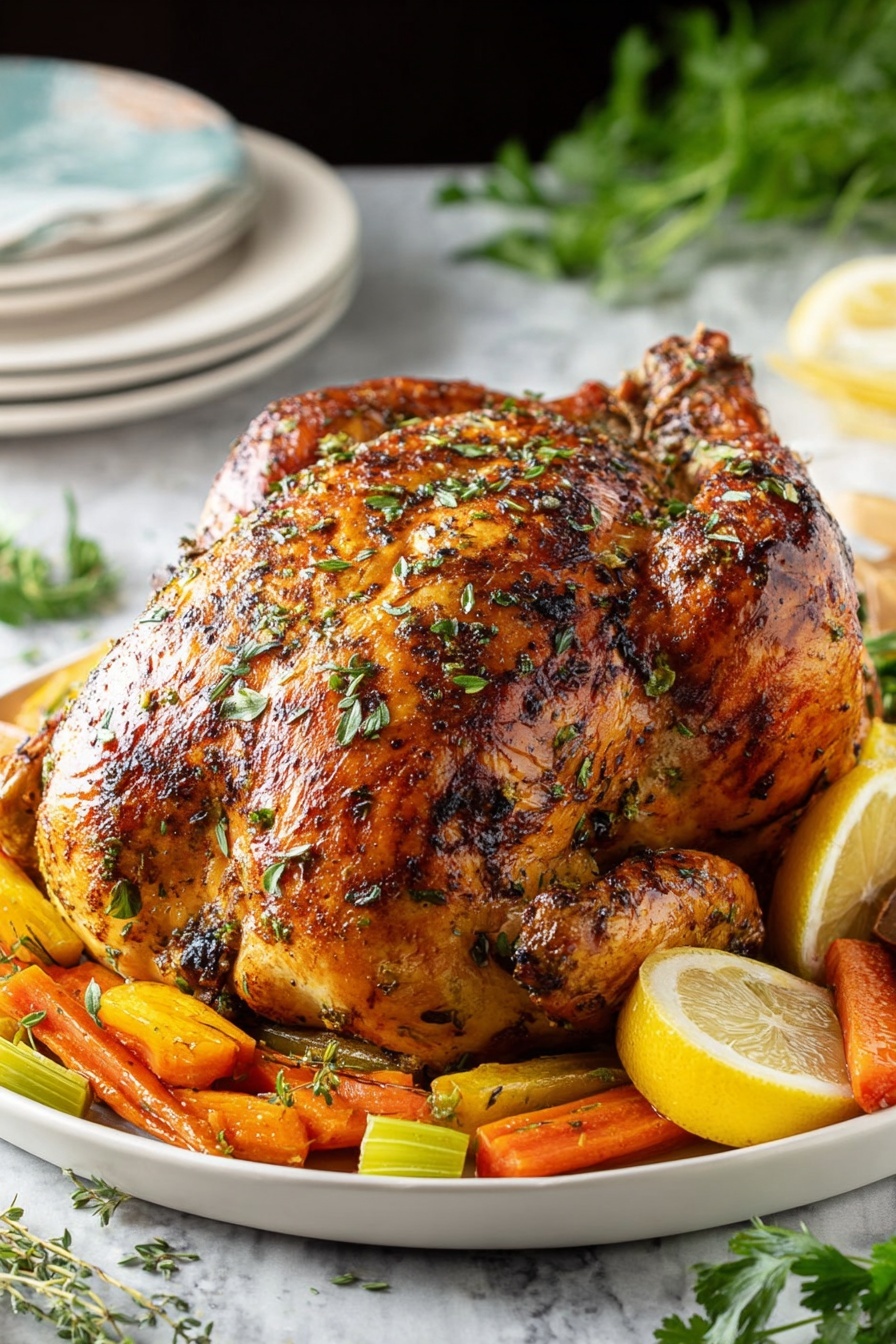 A roasted chicken with herb butter.