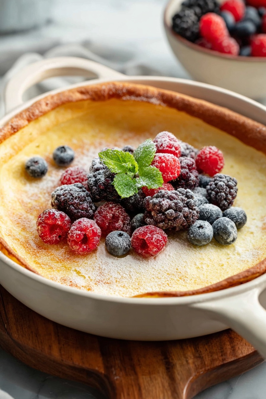A Dutch Baby Pancake with berries on top.
