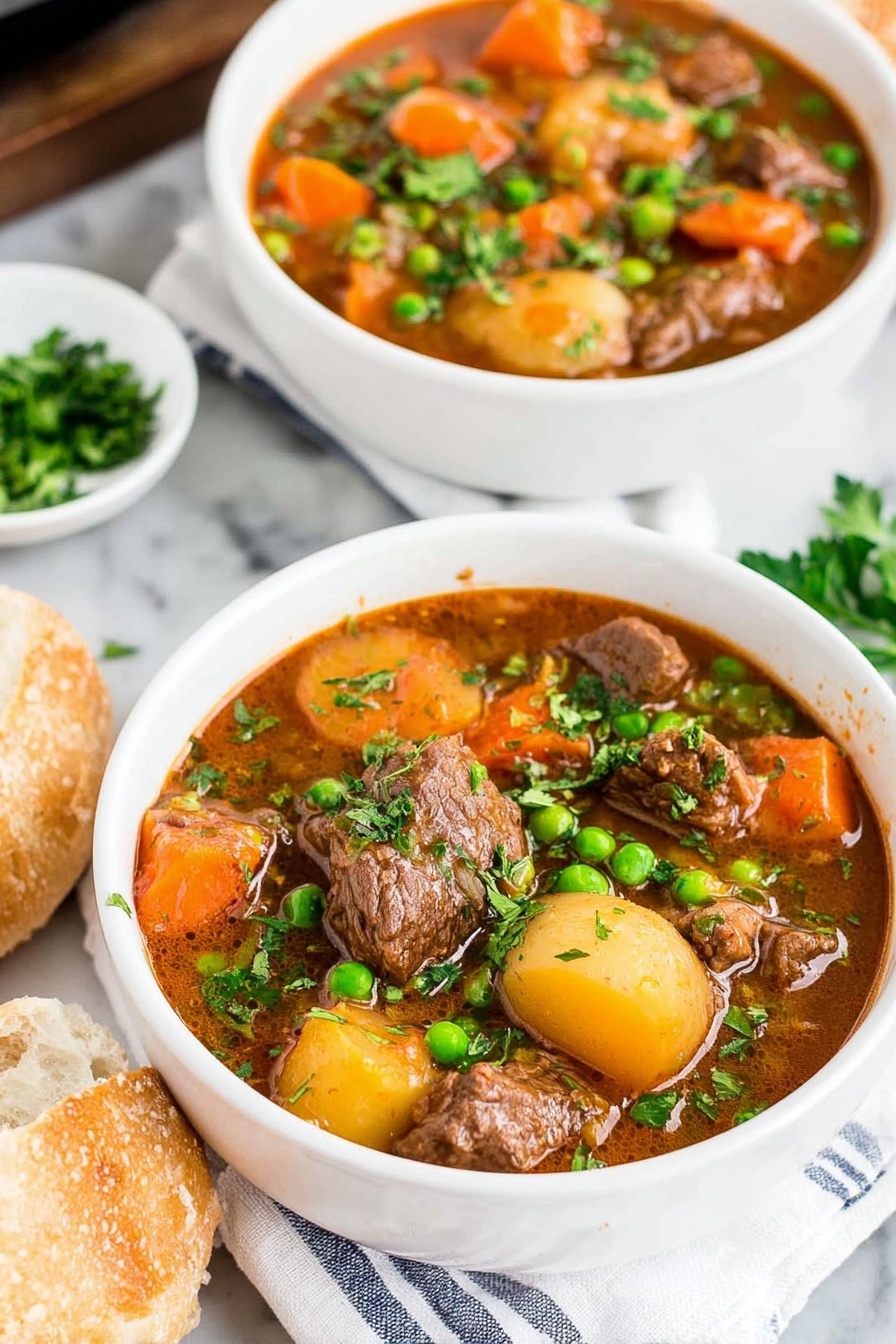 A bowl of beef stew with peas and potatoes.