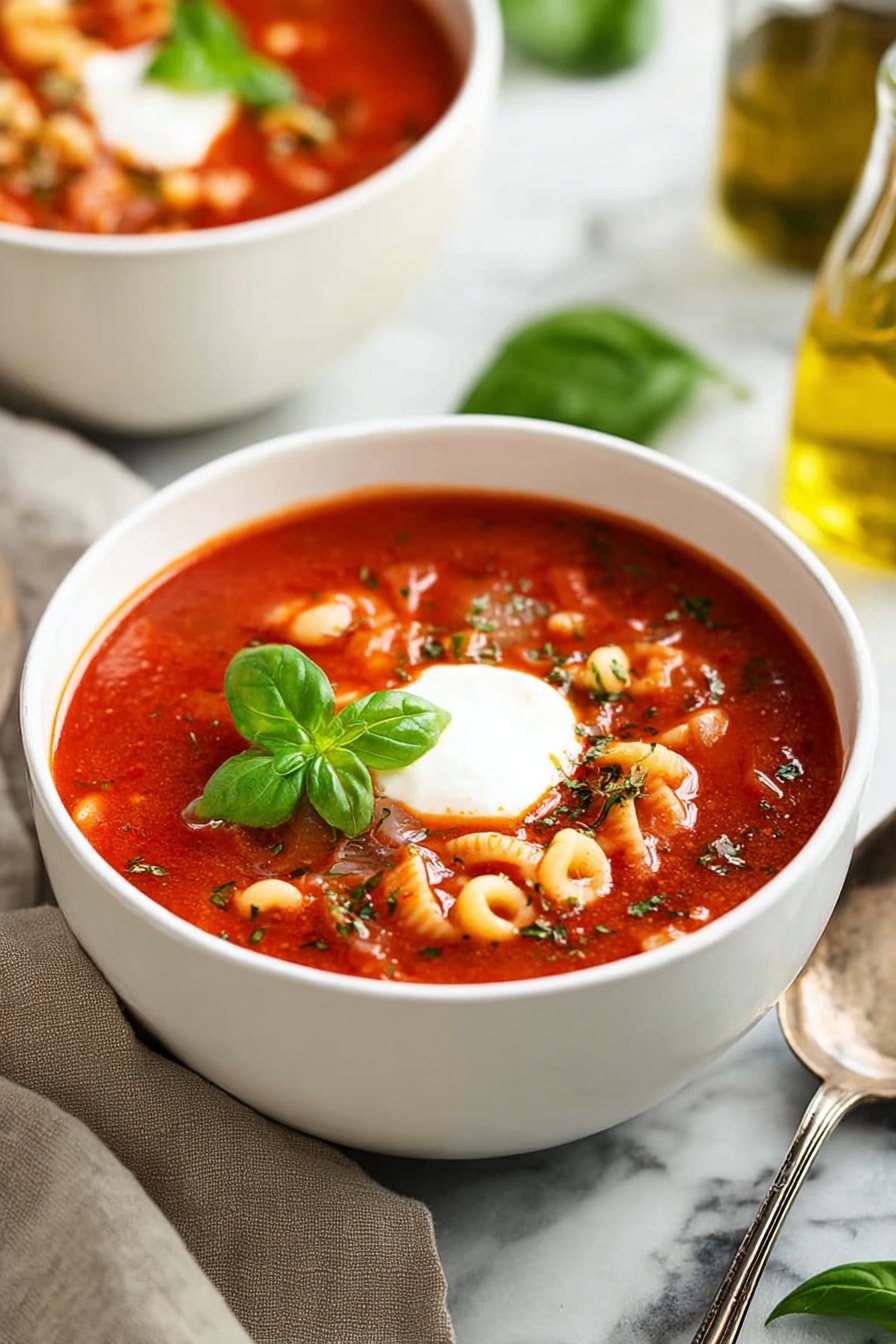 A bowl of soup with pasta and spinach.