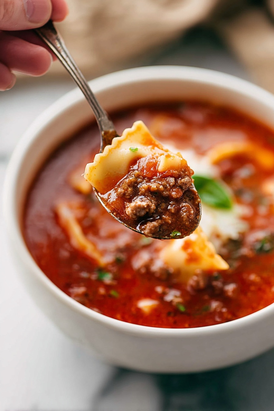 A spoon is in a bowl of lasagna soup.