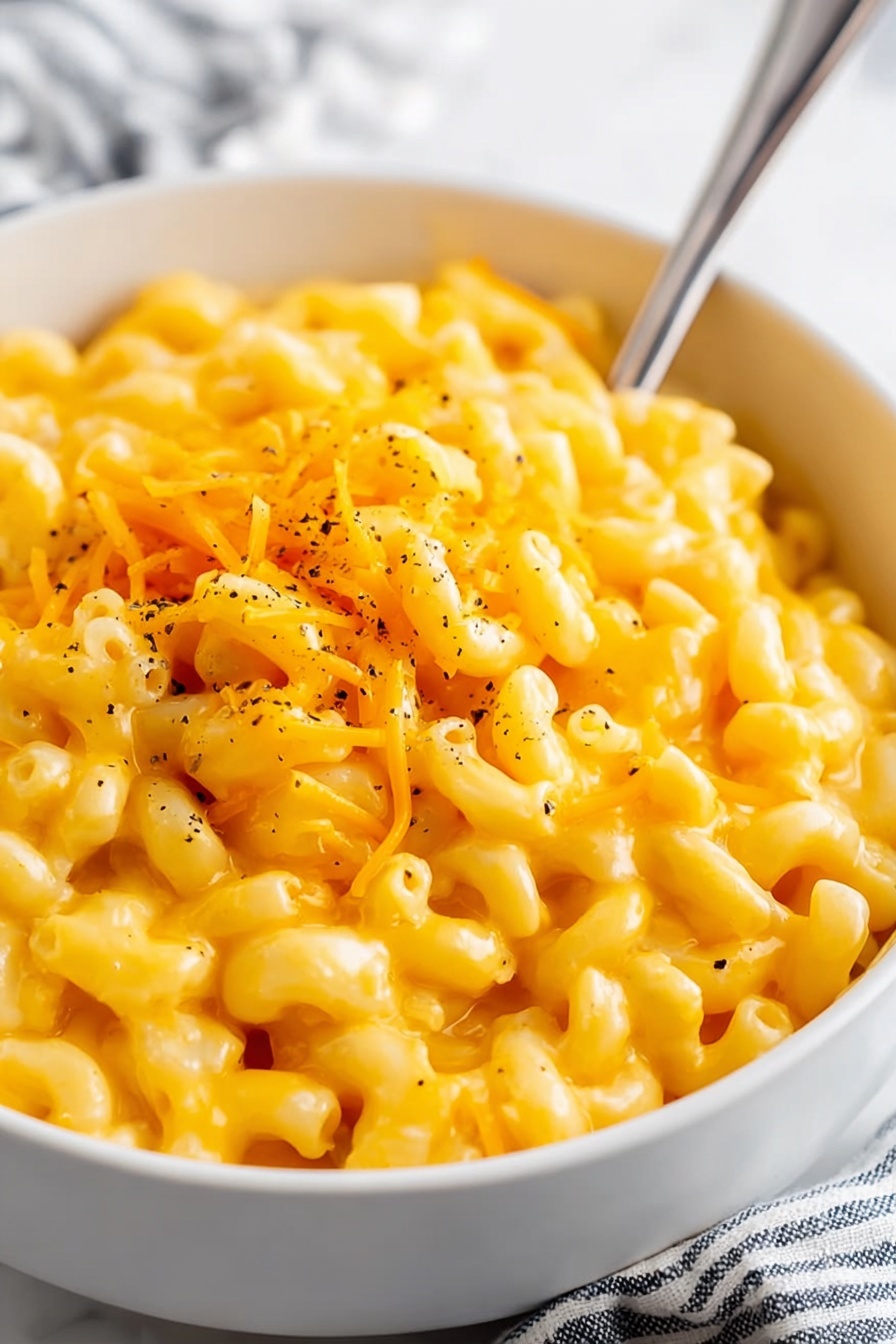 A bowl of mac and cheese with a spoon in it.