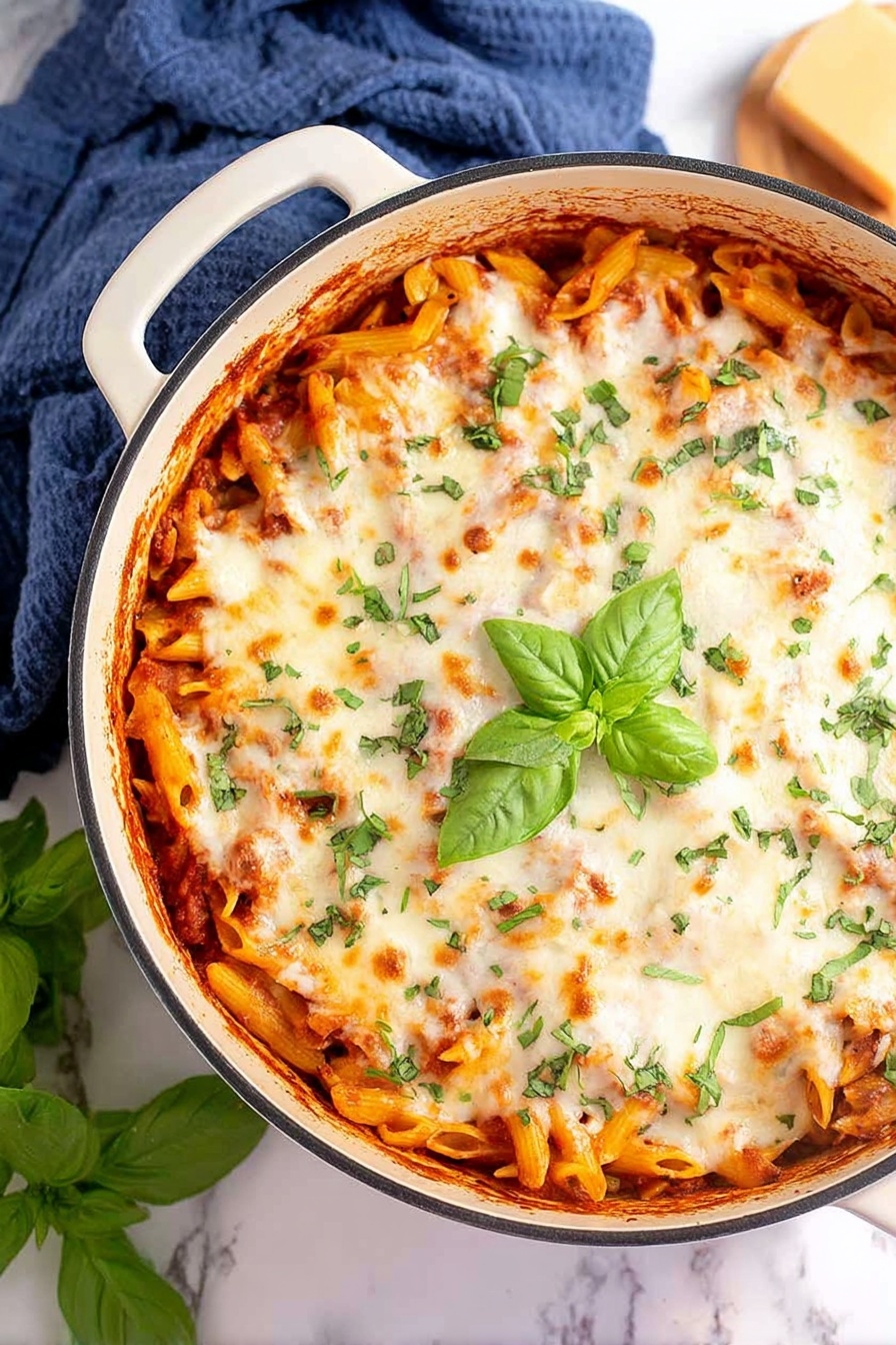 A dish of chicken parmesan pasta.