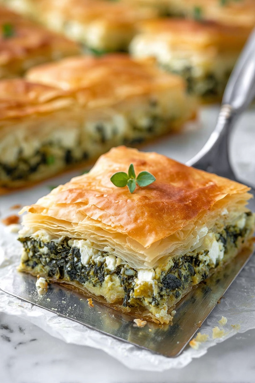 A slice of Greek Spanakopita with a green leaf on top.