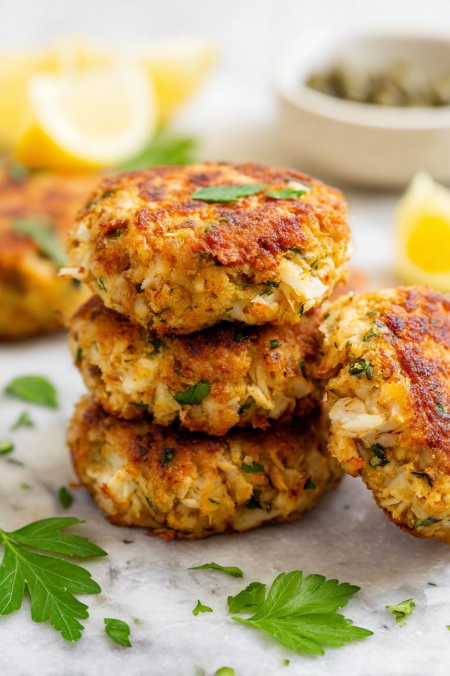 Three stacks of crab cakes with lemon aioli.