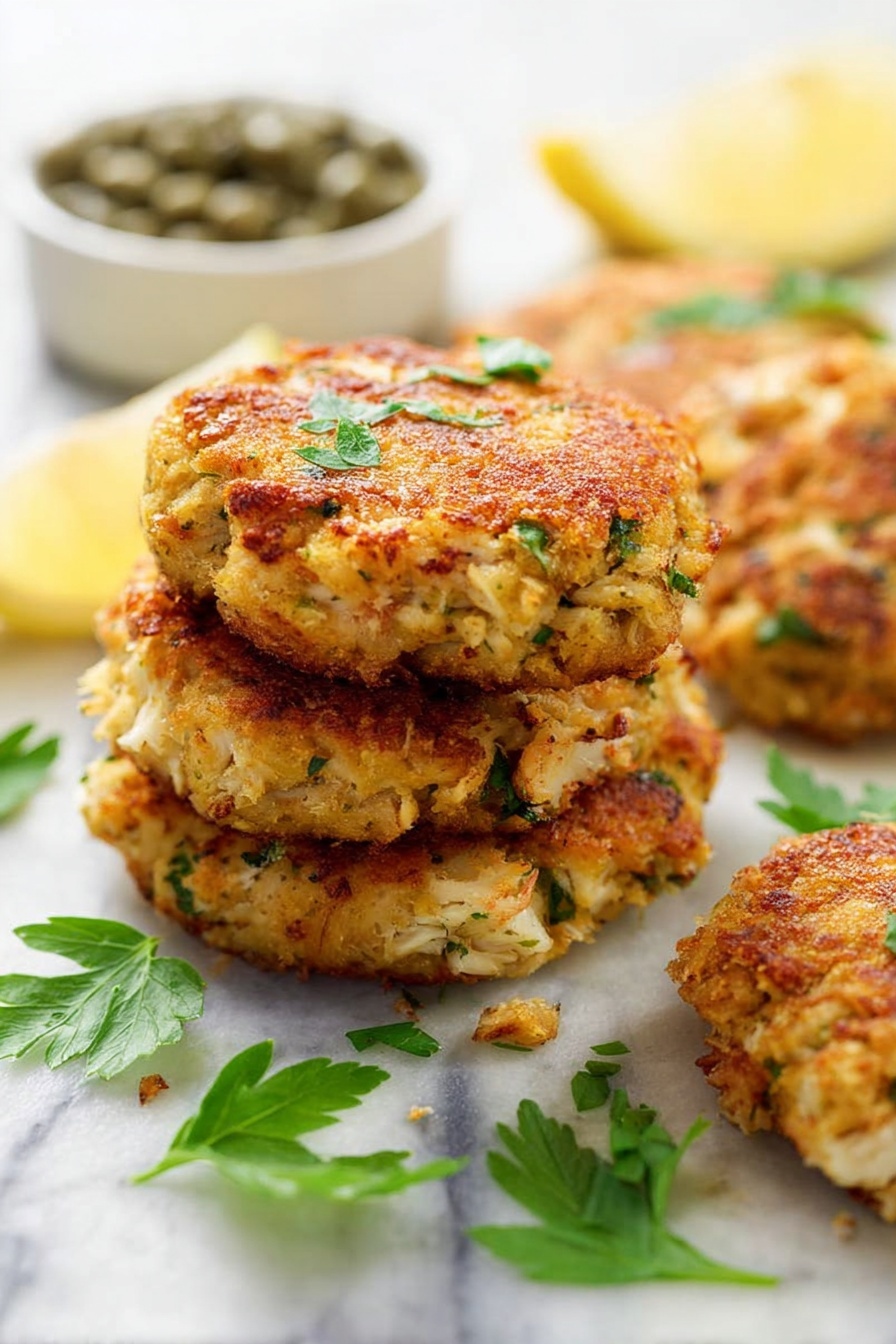 A stack of crab cakes with lemon aioli.