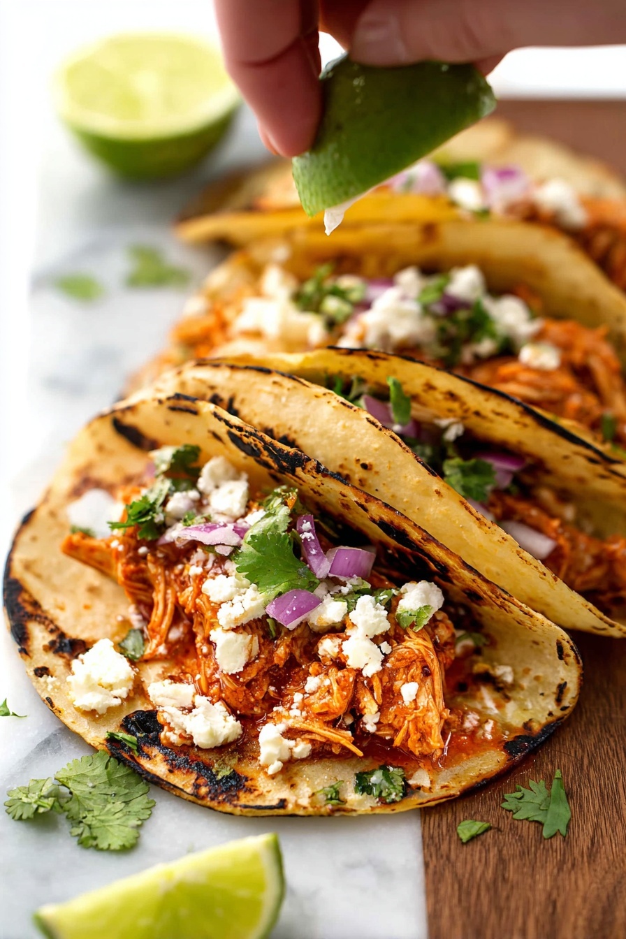 Chicken tinga tacos with onions and limes.