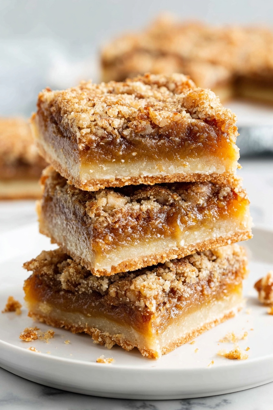 Three pieces of pecan pie bars stacked on a plate.