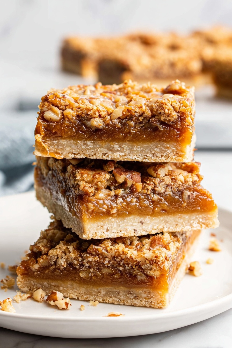 Three pieces of pecan pie bars stacked on a plate.