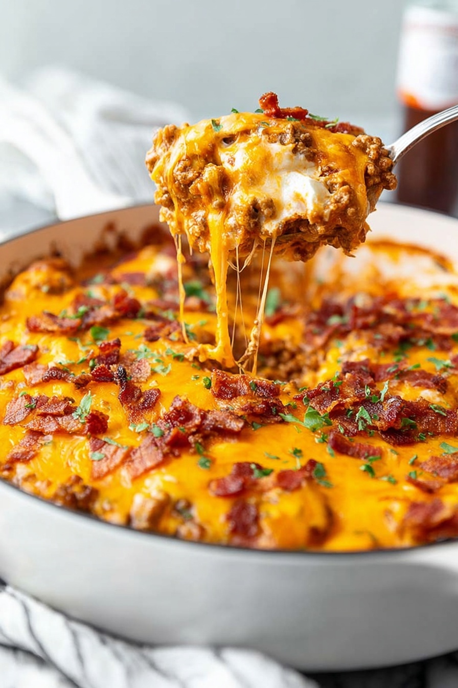 A cheeseburger pasta bake with bacon and cheese.