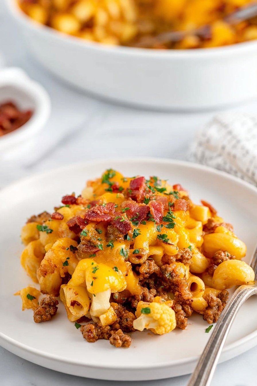 A plate of cheeseburger pasta bake.