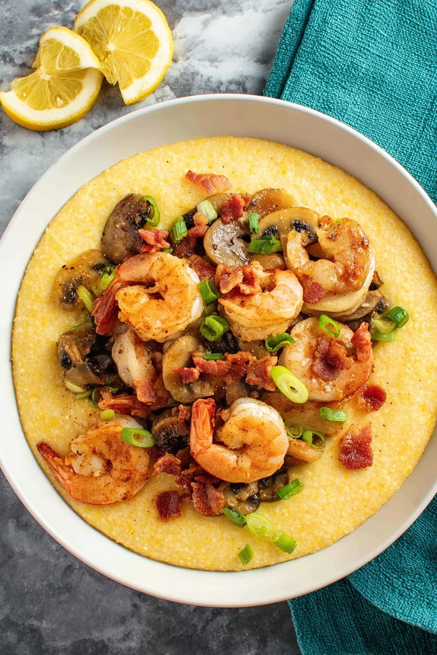 A bowl of shrimp and mushrooms.