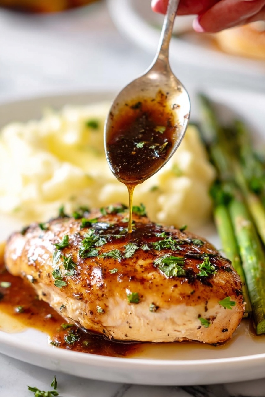 A piece of chicken with a brown sauce on top.