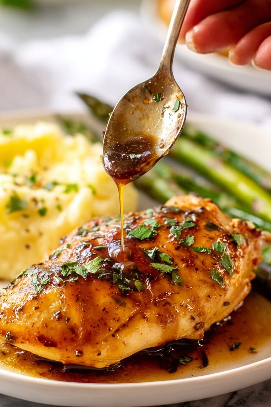 A plate of chicken with maple balsamic glaze.