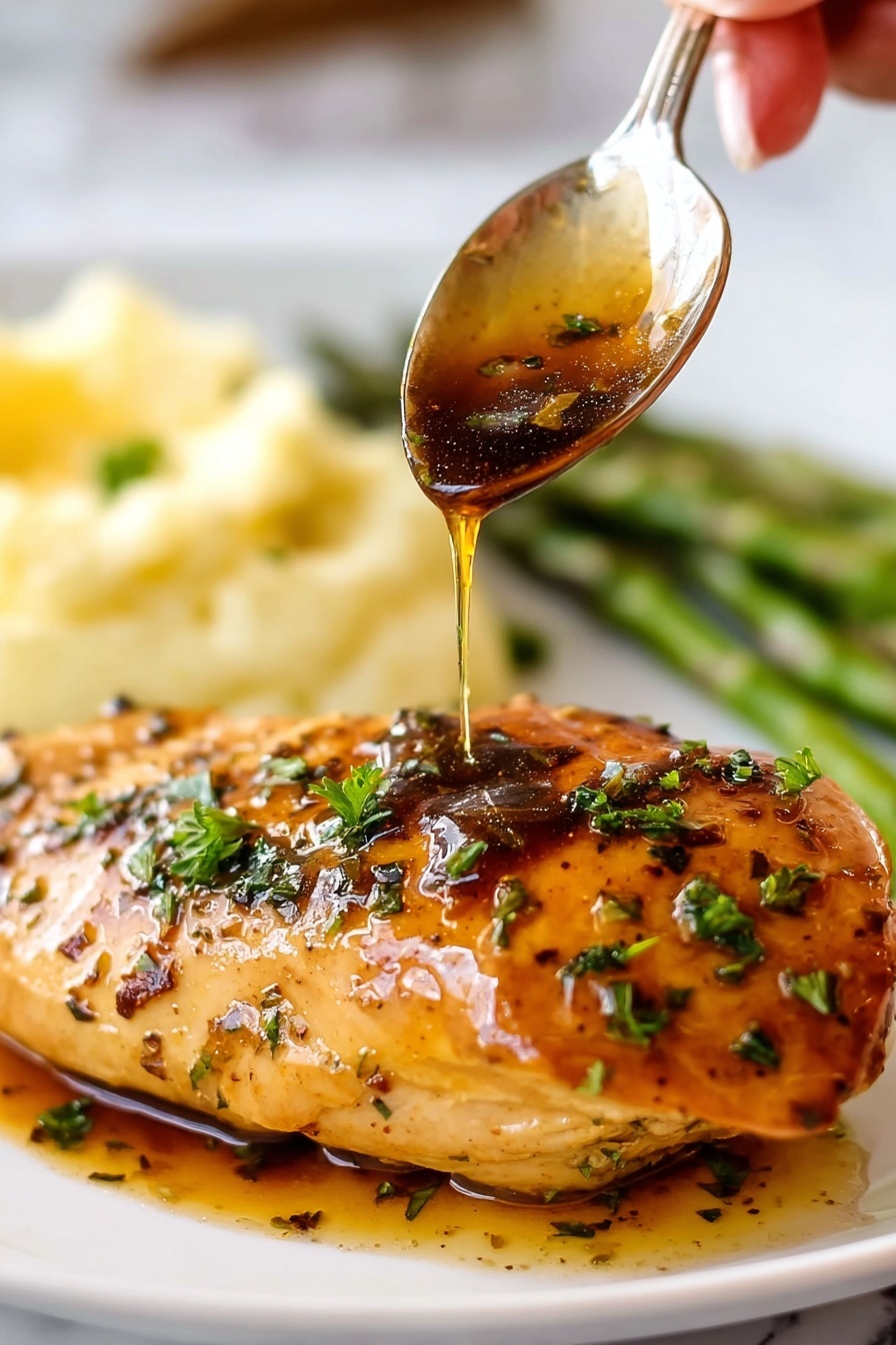 A piece of chicken with maple balsamic glaze drizzled over it.