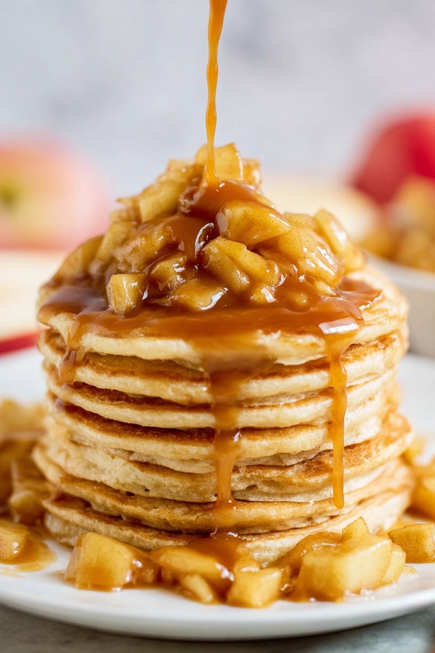 Caramel apple pancakes on a plate.
