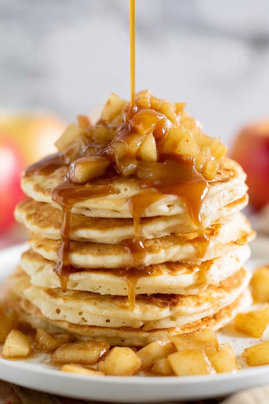 Caramel Apple Pancakes stacked on a plate.