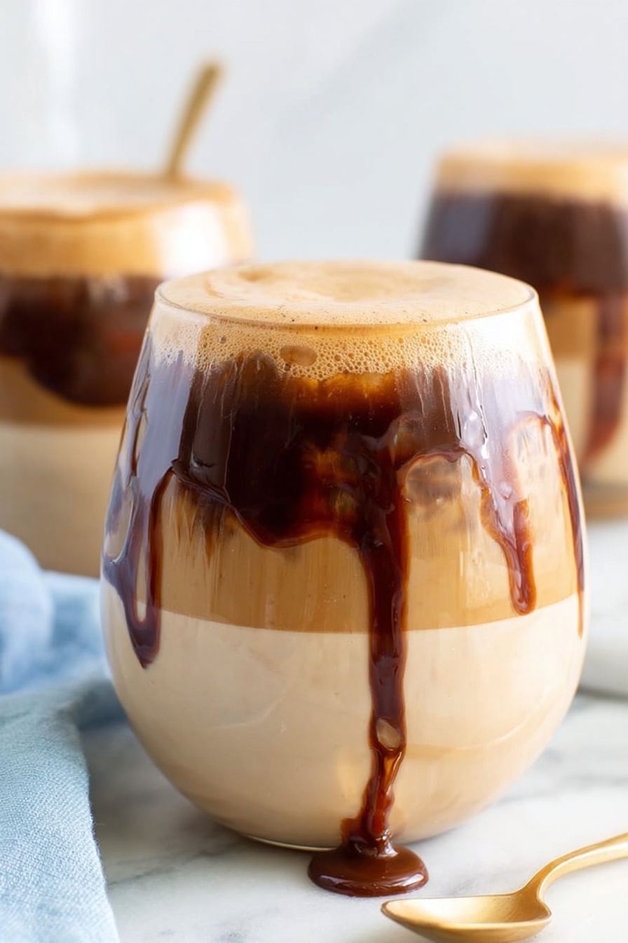 A glass of coffee with a chocolate sauce drizzled on top.