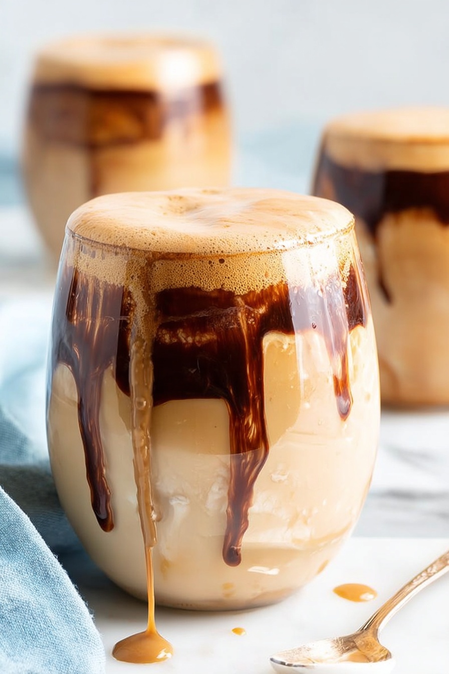 A cup of coffee with a chocolate sauce drizzled on top.