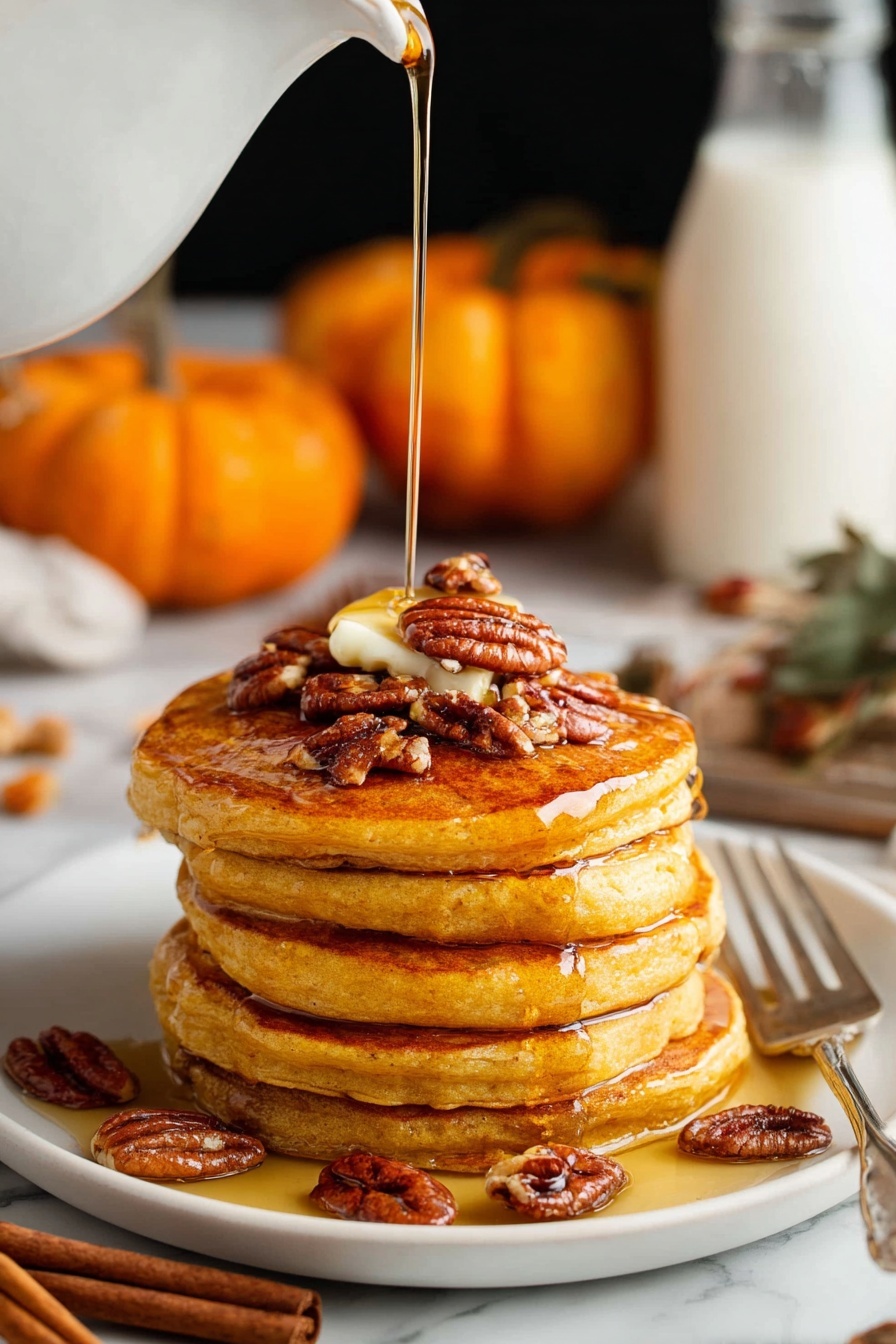 A stack of pancakes with a drizzle of syrup and a sprinkle of nuts.