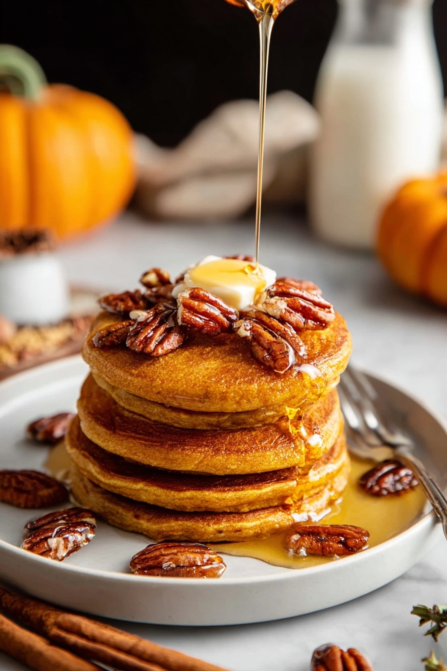 A stack of pancakes with syrup and nuts on top.