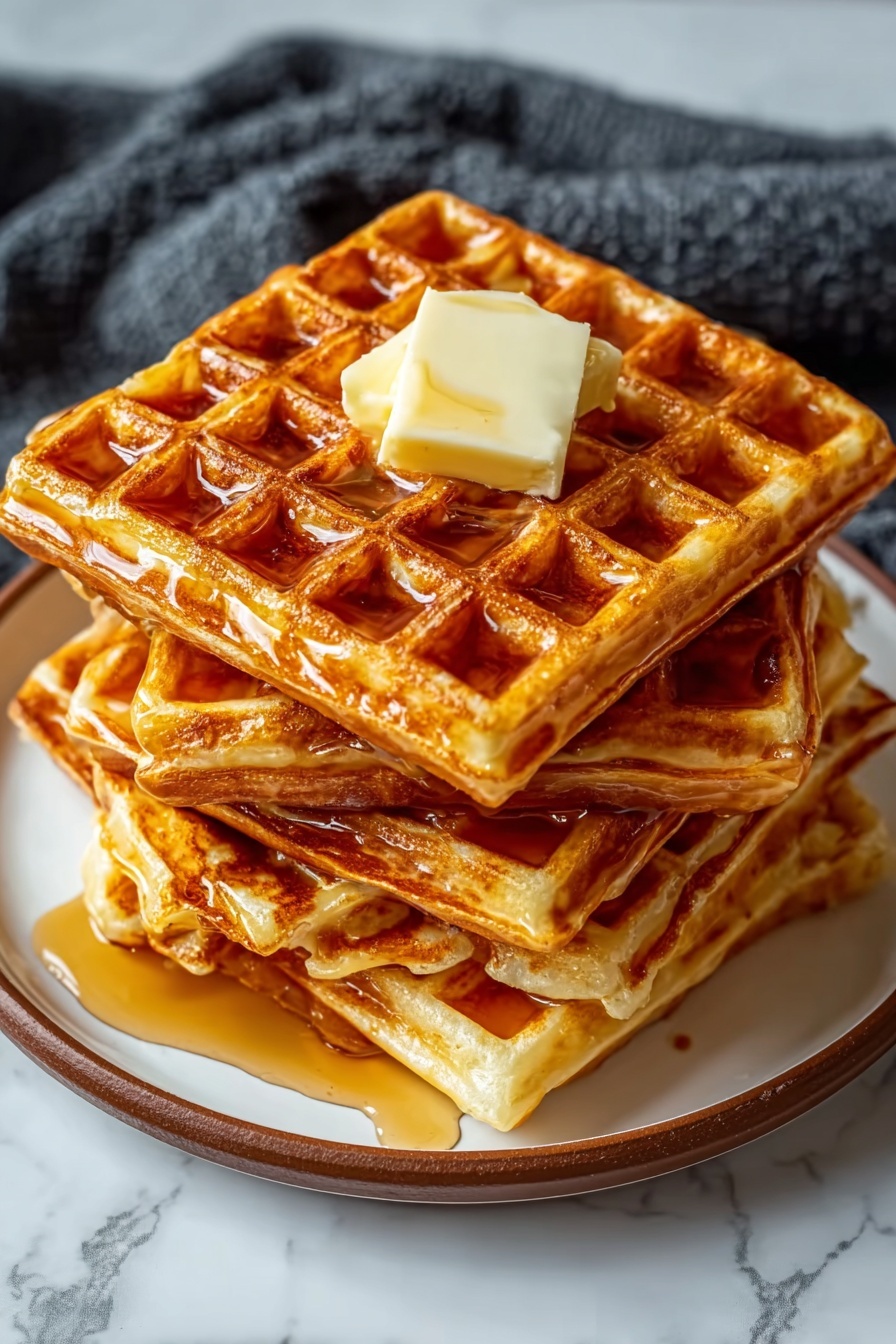 French toast waffles stacked on a plate.