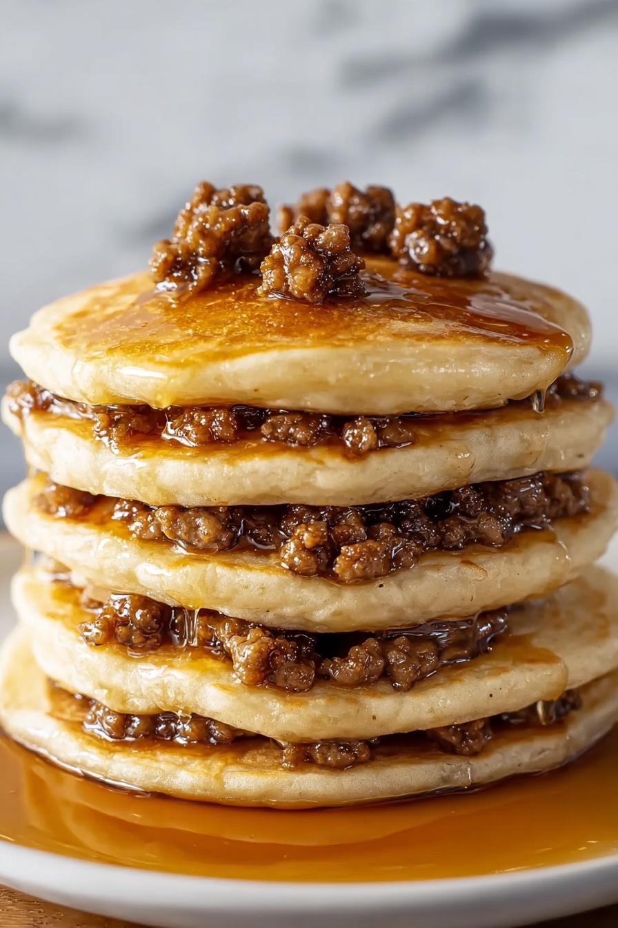 A stack of pancakes with sausage on top.
