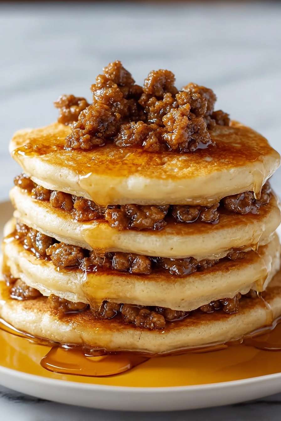 A stack of pancakes with sausage on top.
