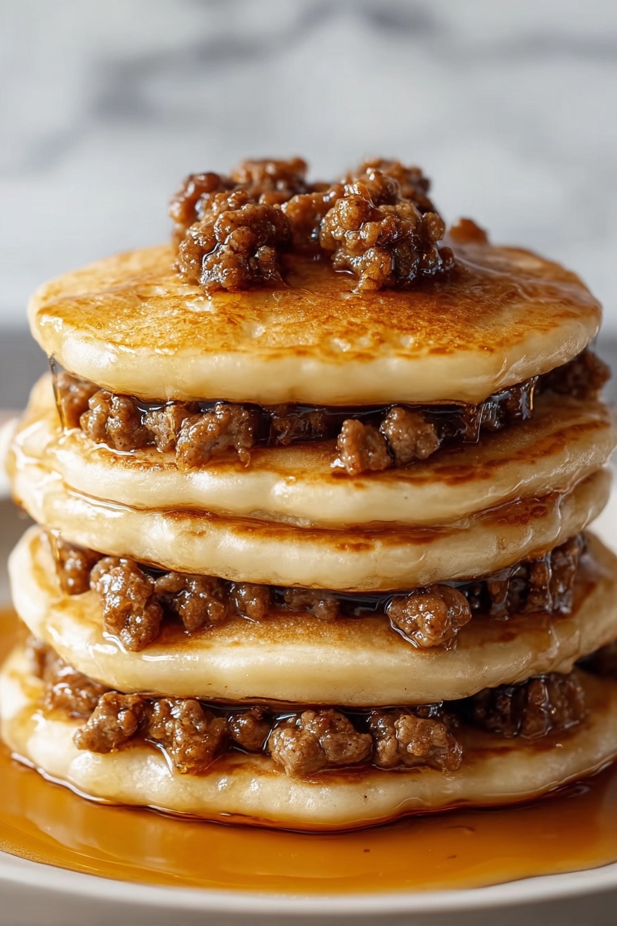 A stack of pancakes with sausage on top.
