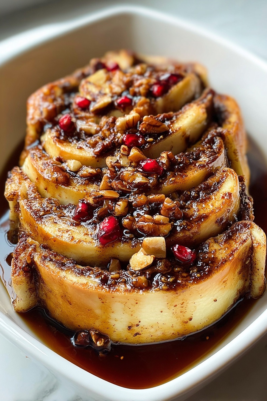 A pancake casserole with a syrup sauce.