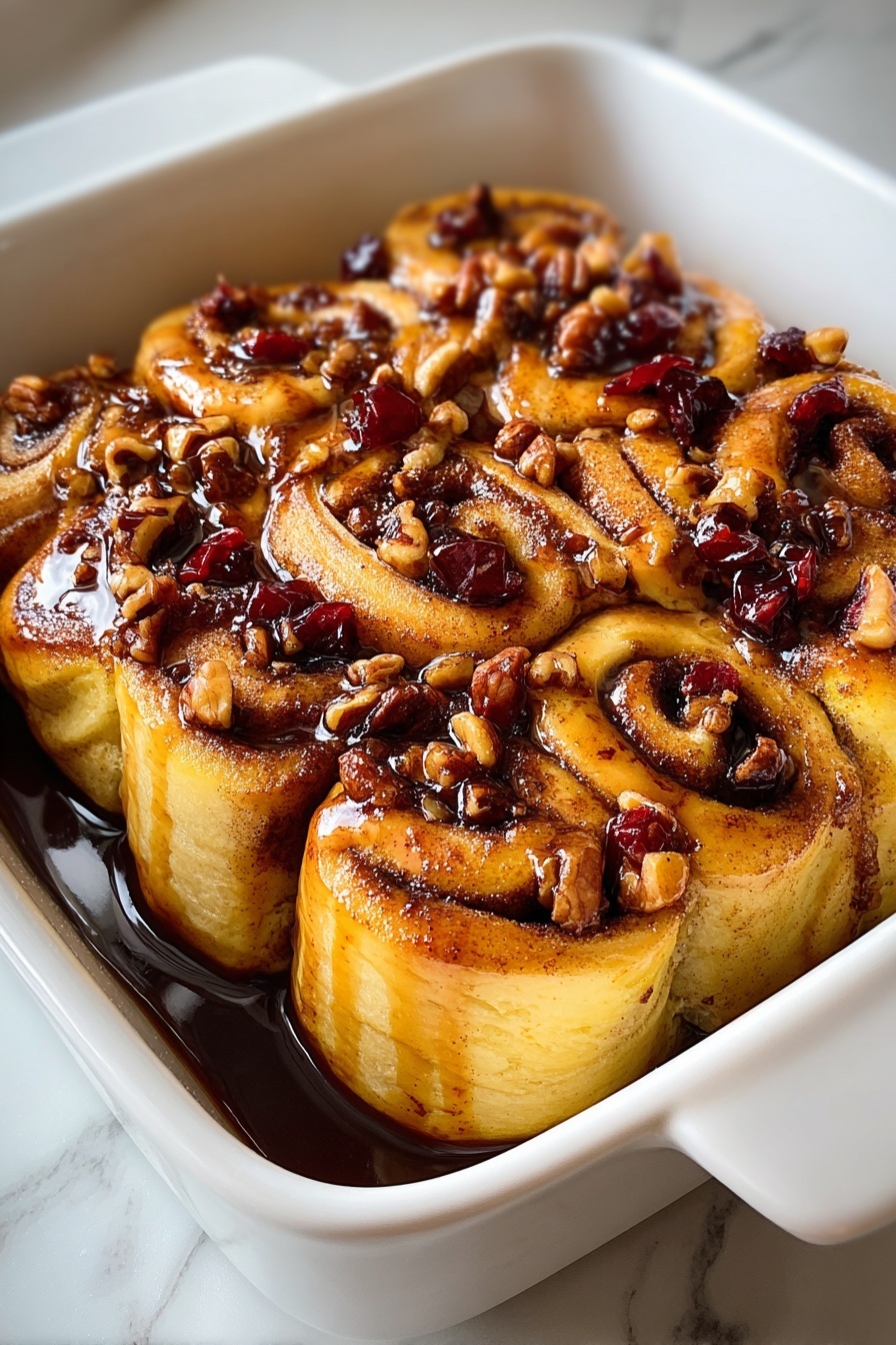 A pancake casserole with nuts and fruit.