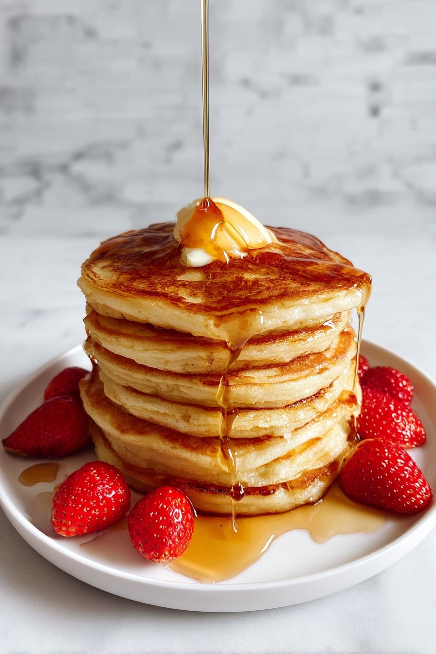 A stack of pancakes with sour cream drizzled on top.
