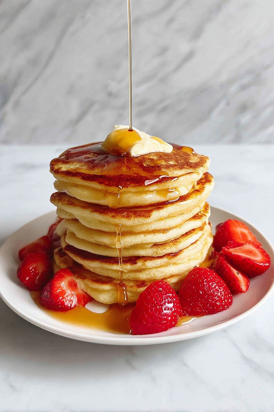 A stack of pancakes with syrup and strawberries on top.