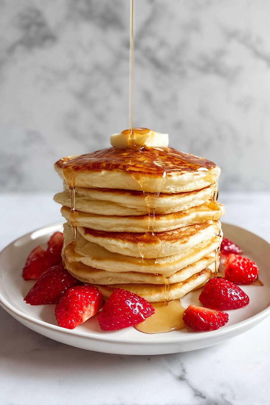 A stack of pancakes with syrup and strawberries on top.