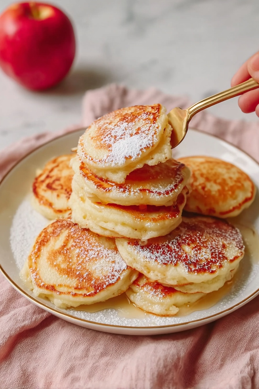A stack of pancakes with a golden spoon in them.