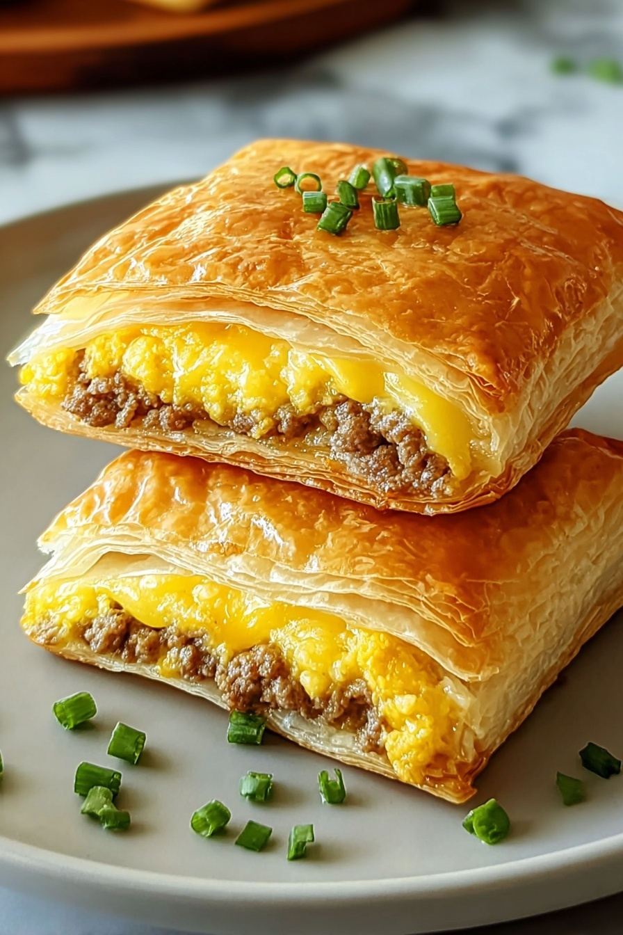 Two homemade breakfast hot pockets with meat and cheese.
