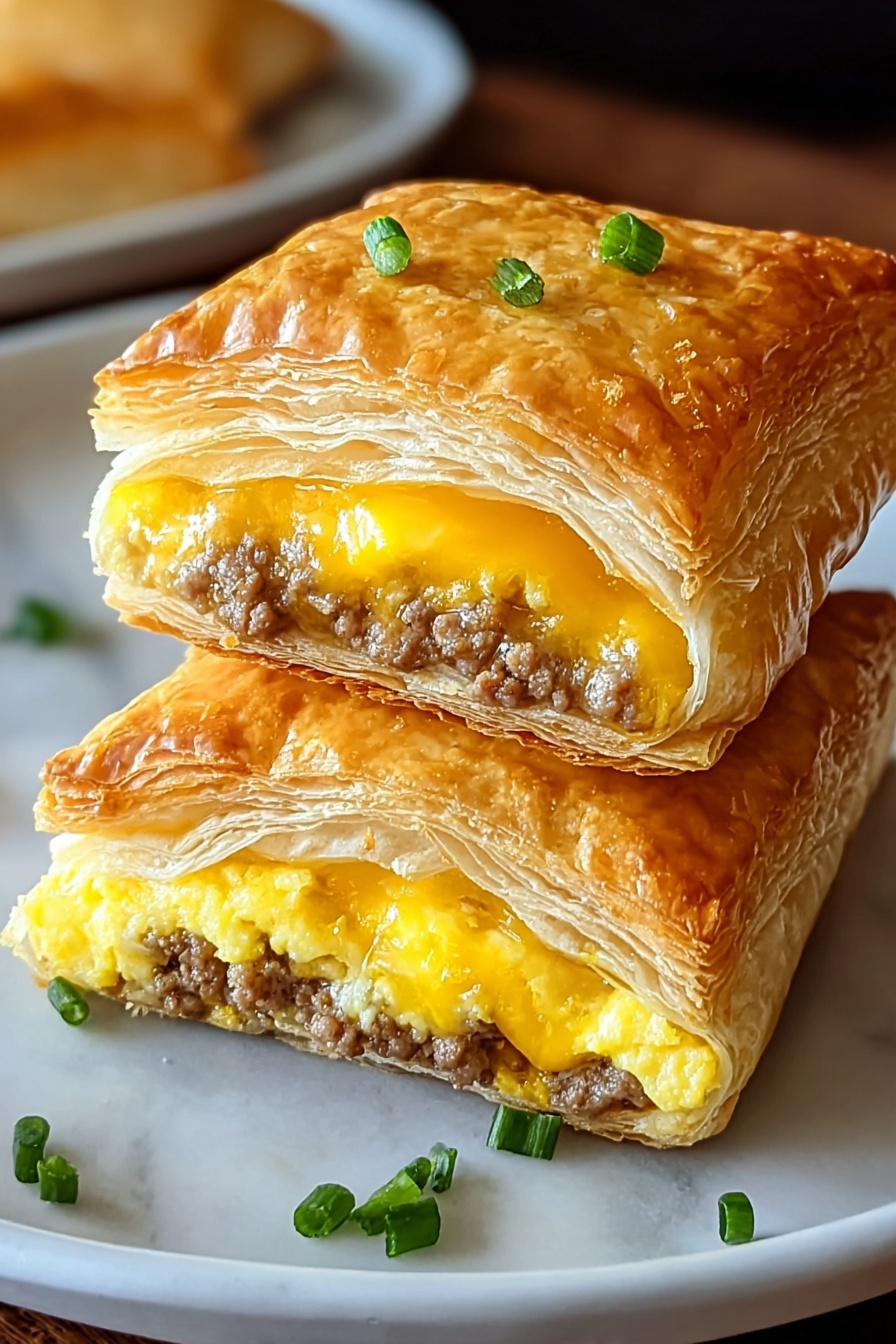 Two homemade breakfast hot pockets with meat and cheese.