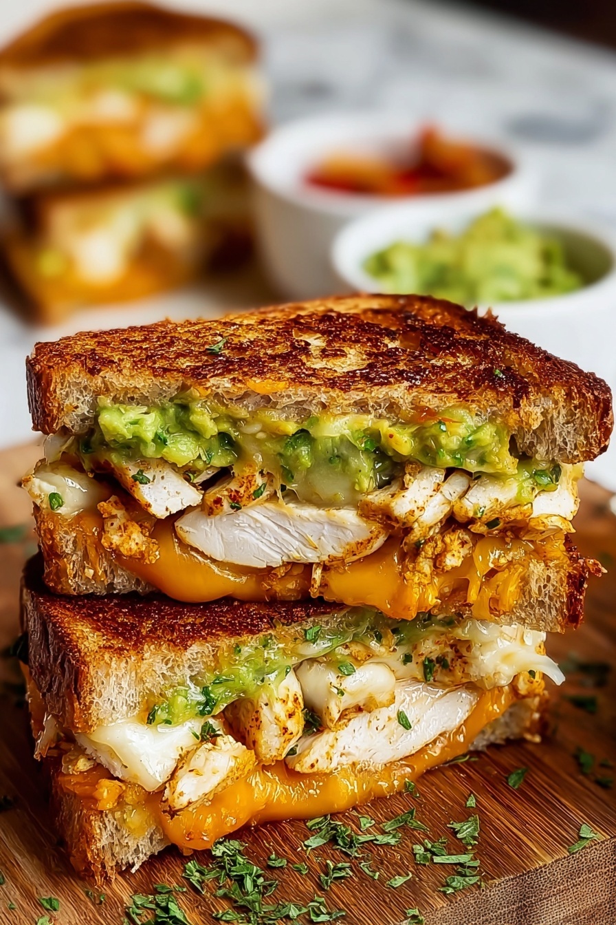 A sandwich with chicken, avocado, and cheese.