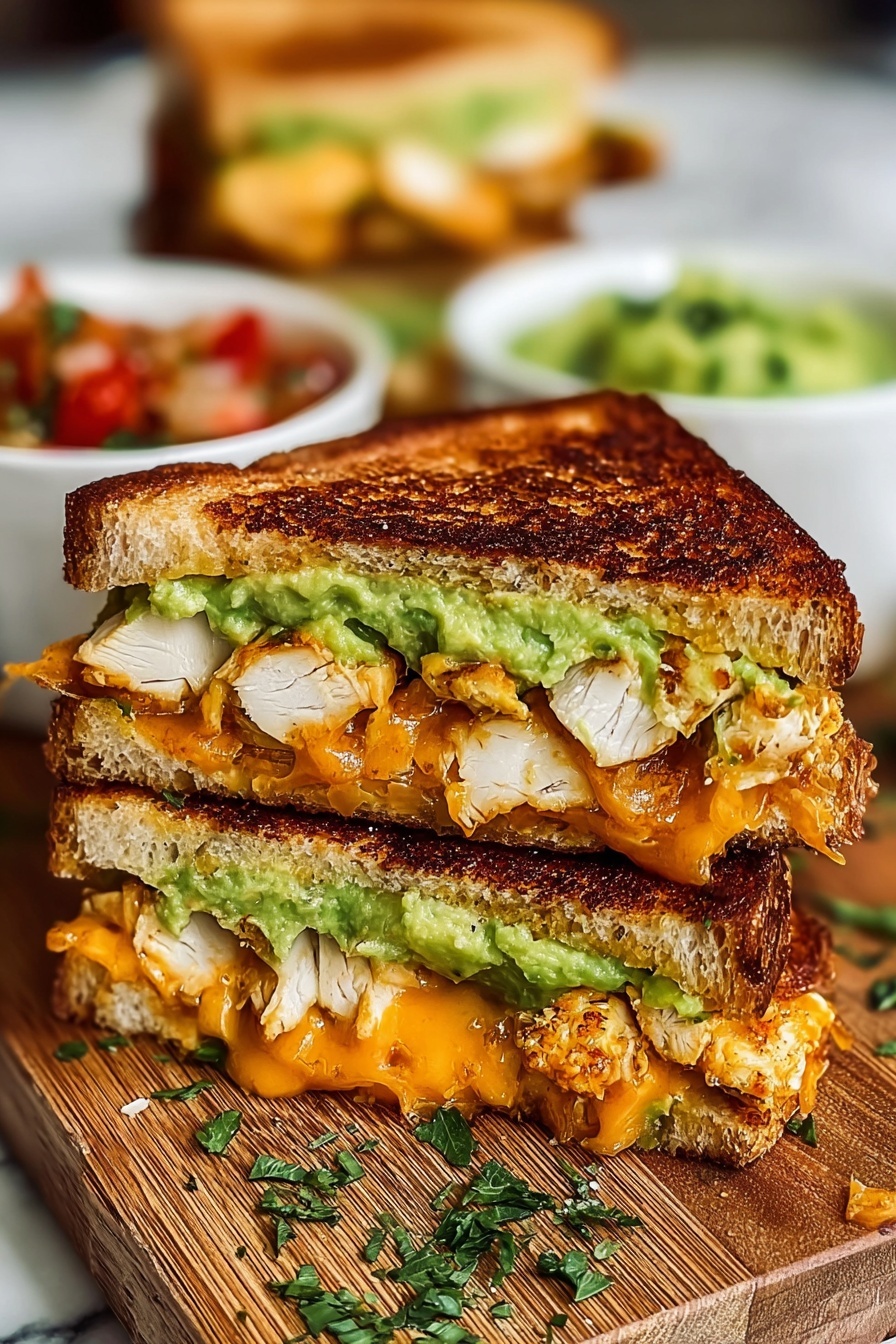 A sandwich with chicken, avocado, and cheese.