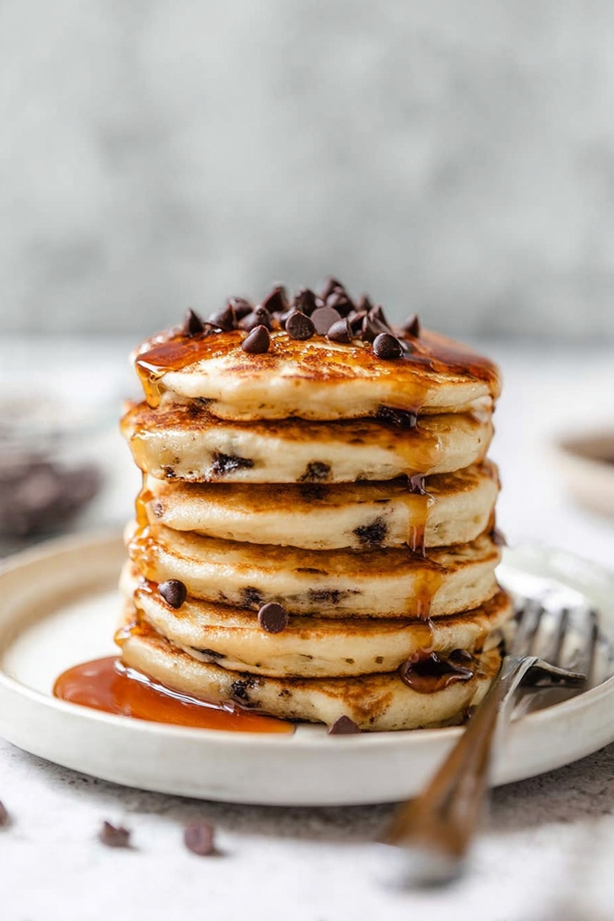 A stack of pancakes with chocolate chips.