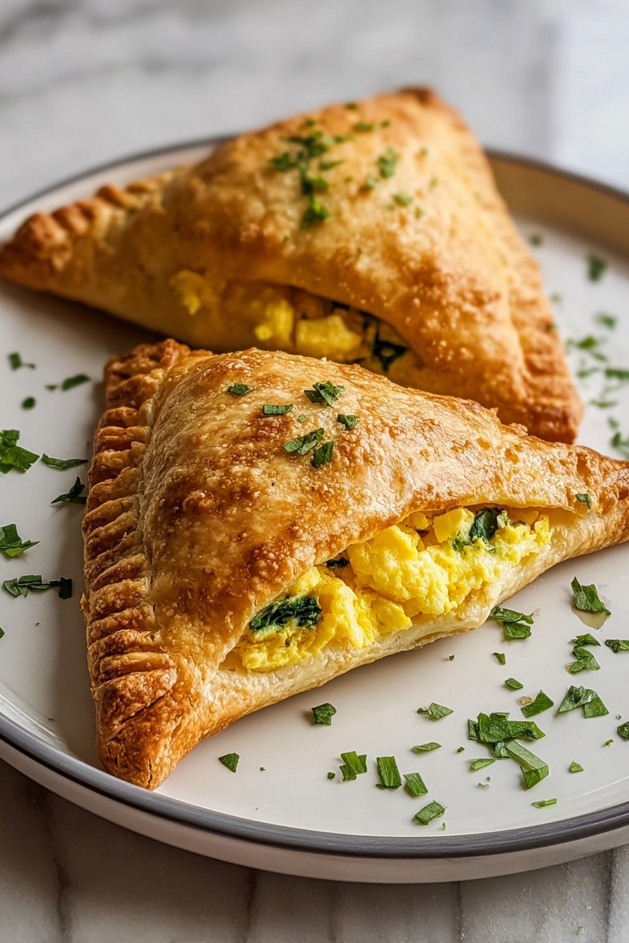 Two breakfast hot pockets with egg and spinach.