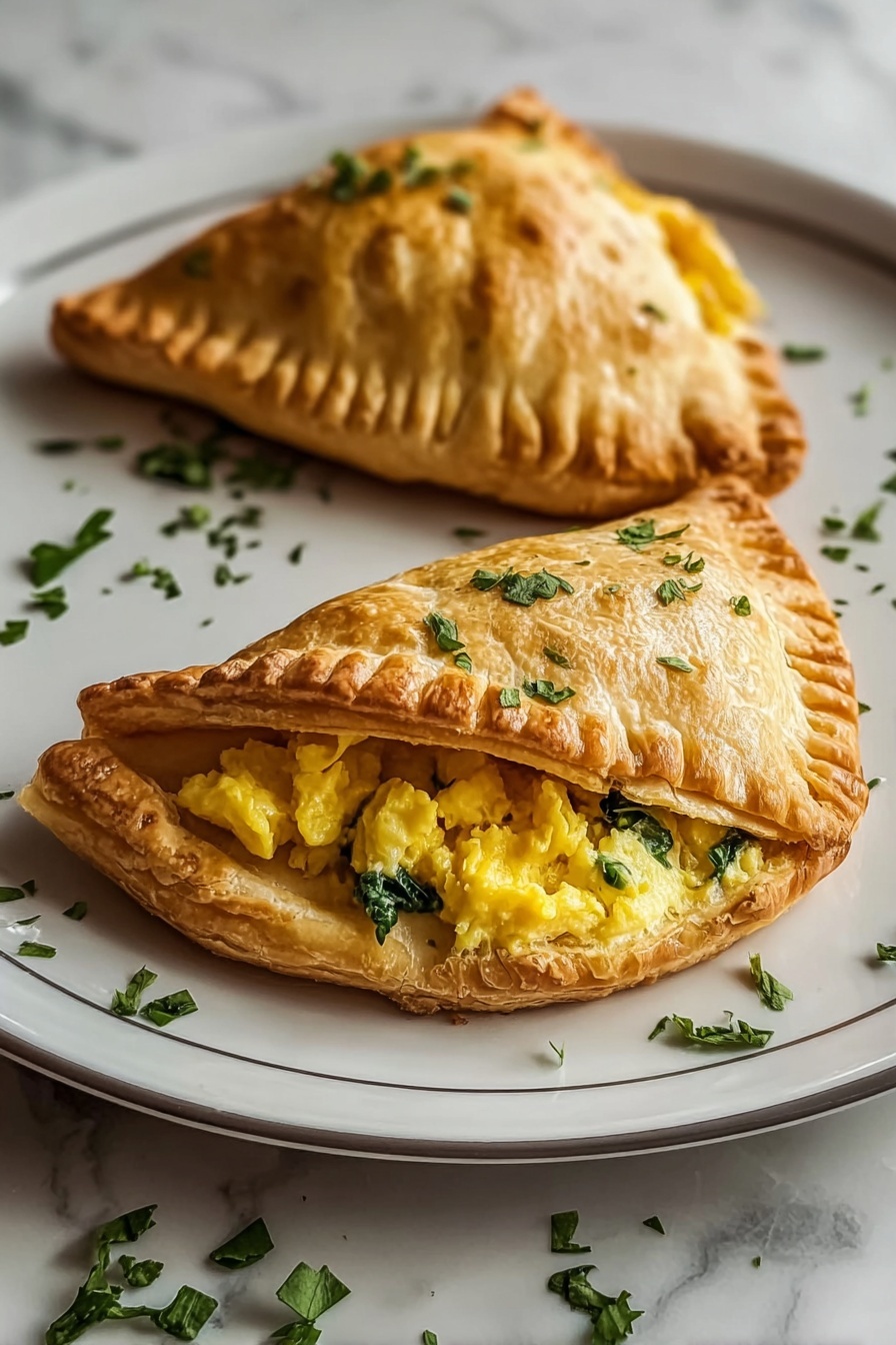 Two breakfast hot pockets with eggs and spinach.