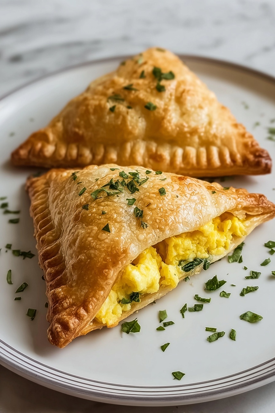 Two breakfast hot pockets with egg and cheese.