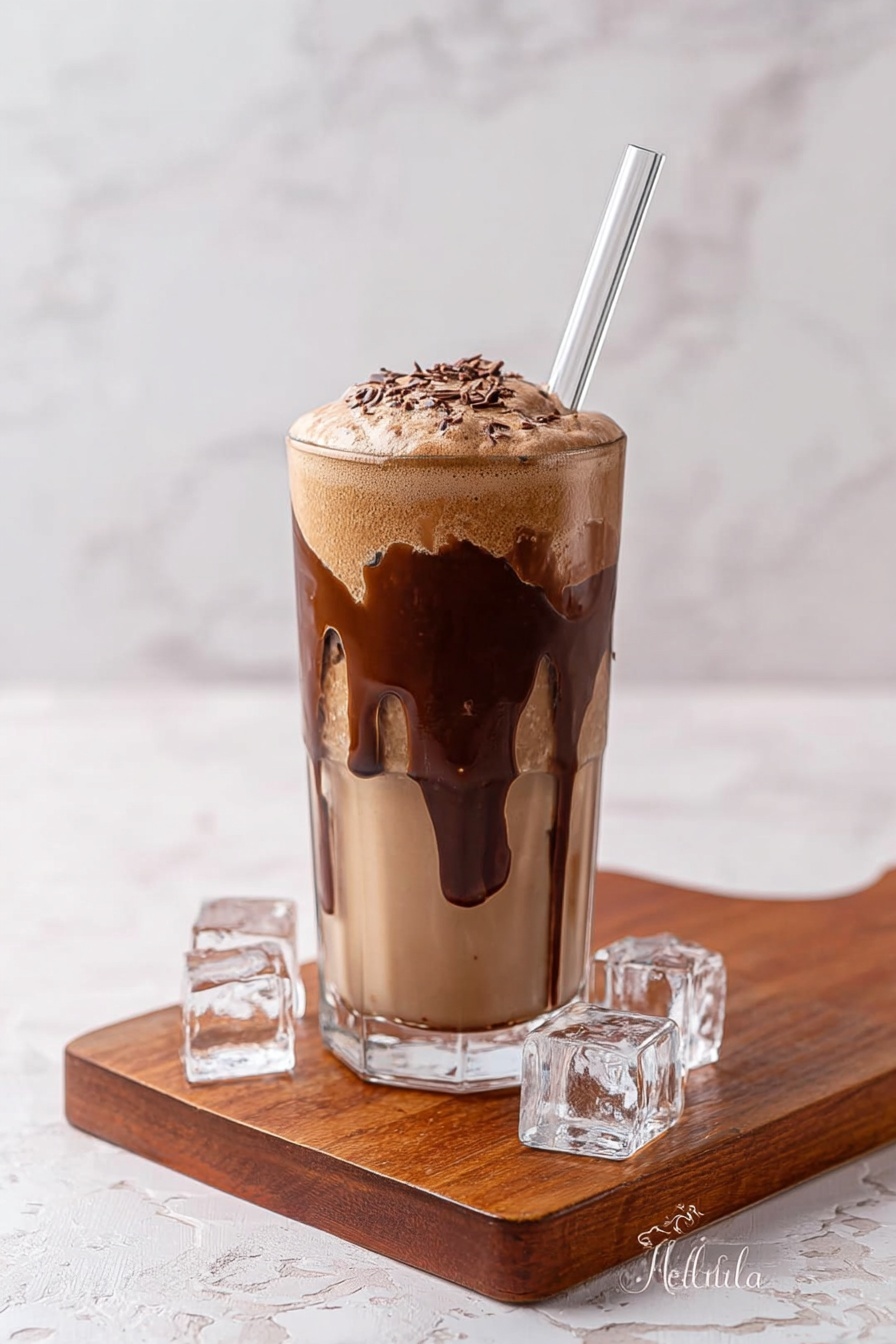 A glass of chocolate milk with a straw.