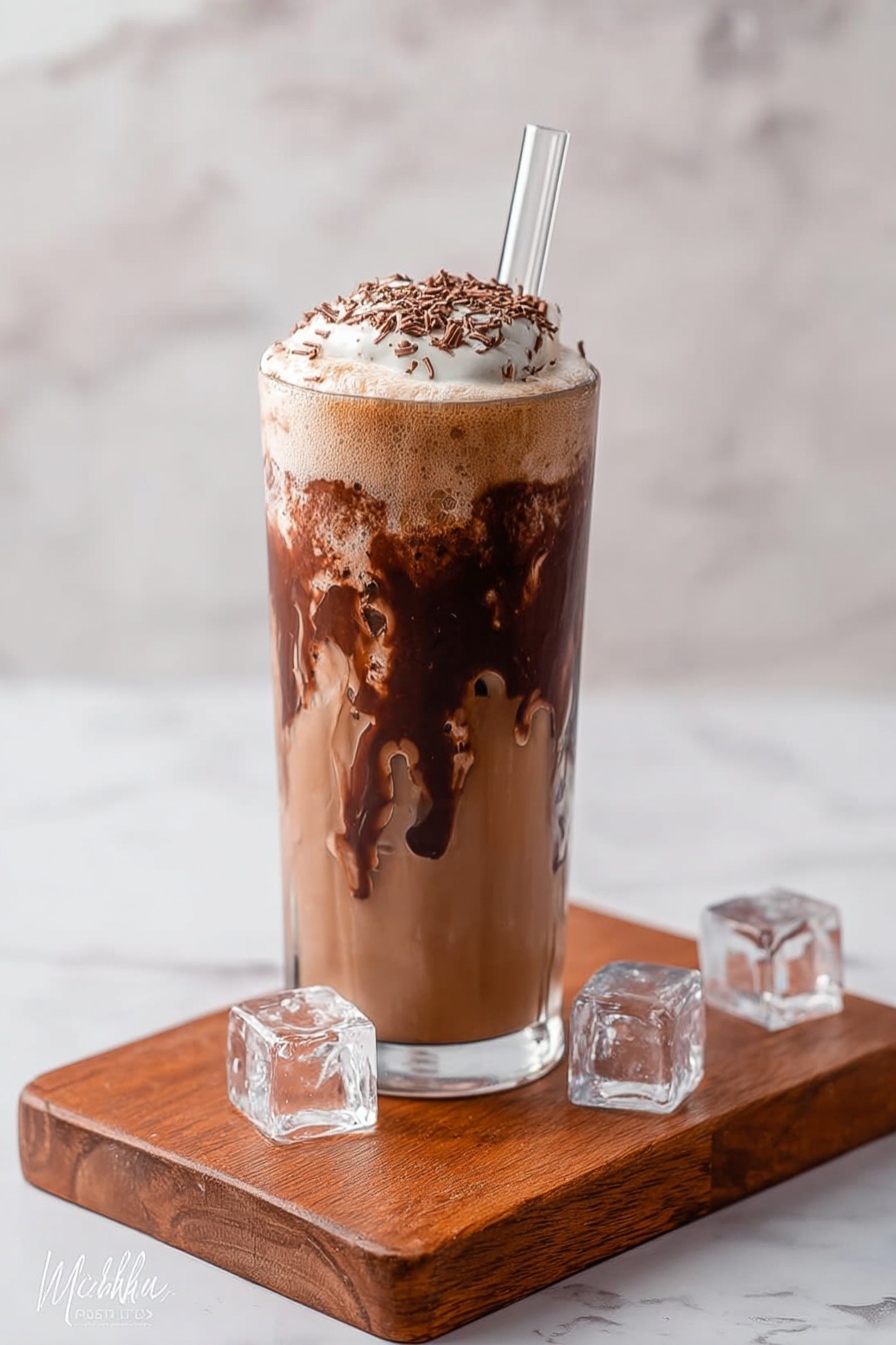 A glass of chocolate milk with whipped cream on top.