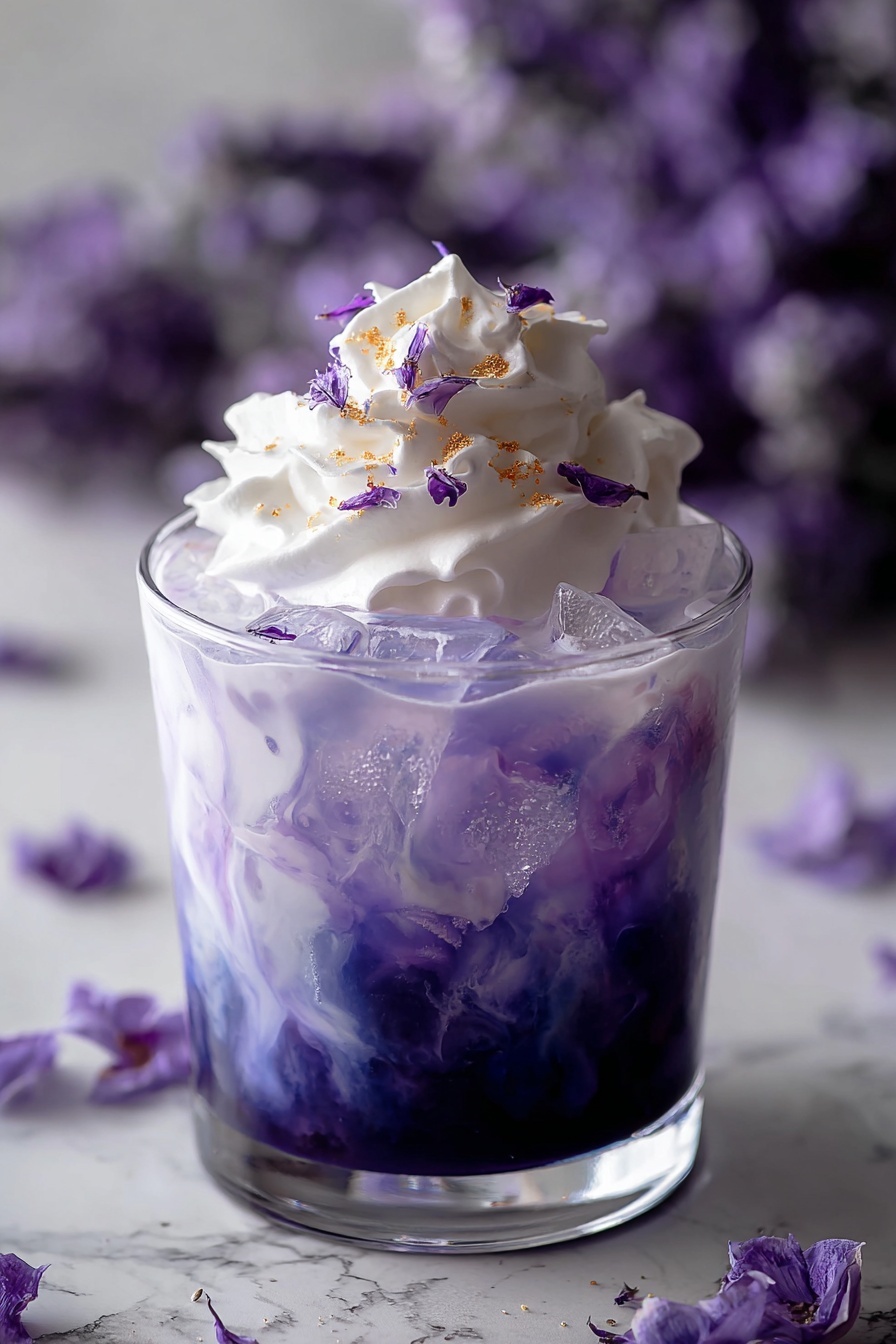 A glass of lavender cream cold foam.