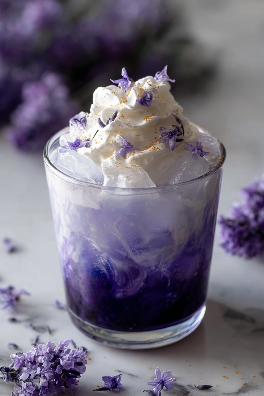 A glass of lavender cream cold foam.